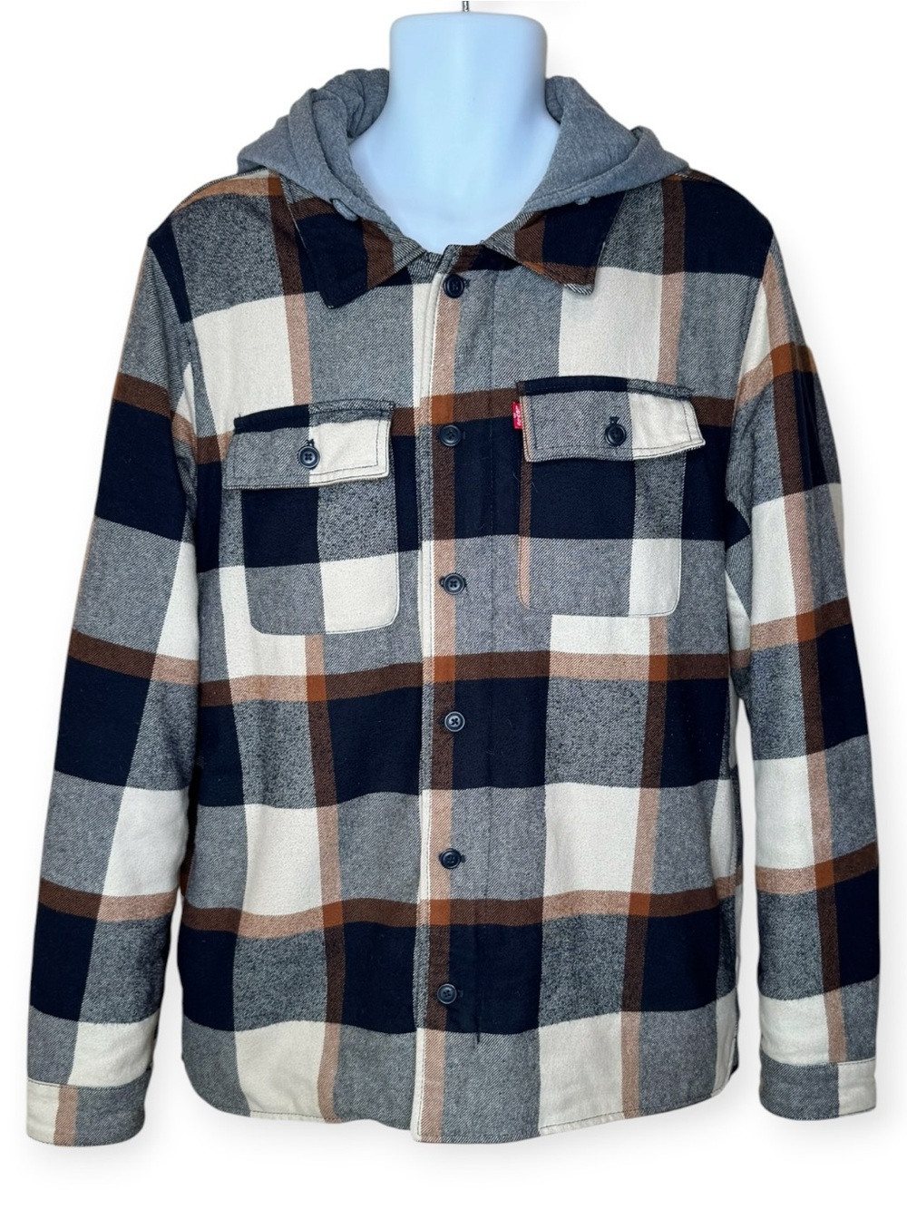 Levi’s Men’s Plaid Flannel Sherpa-Lined Jacket M Hooded Insulated Winter Shacket
